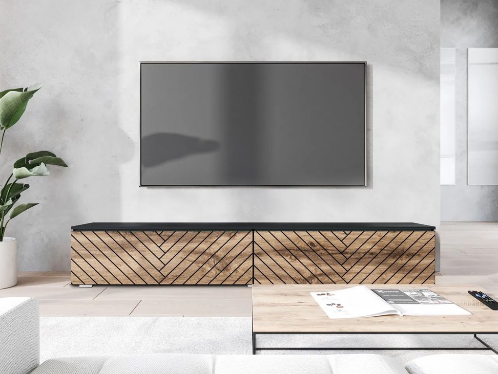 TV stolík/skrinka Dlone 180 MDF, Farby: biały / biały jodełka, Osvetlenie: bez osvetlenia
