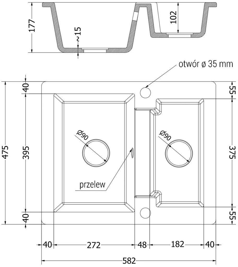 Mexen Carlos, 1,5-komorový granitový drez 582x475x177 mm a drezová batéria Flora, šedá, 6518-71-670401-00