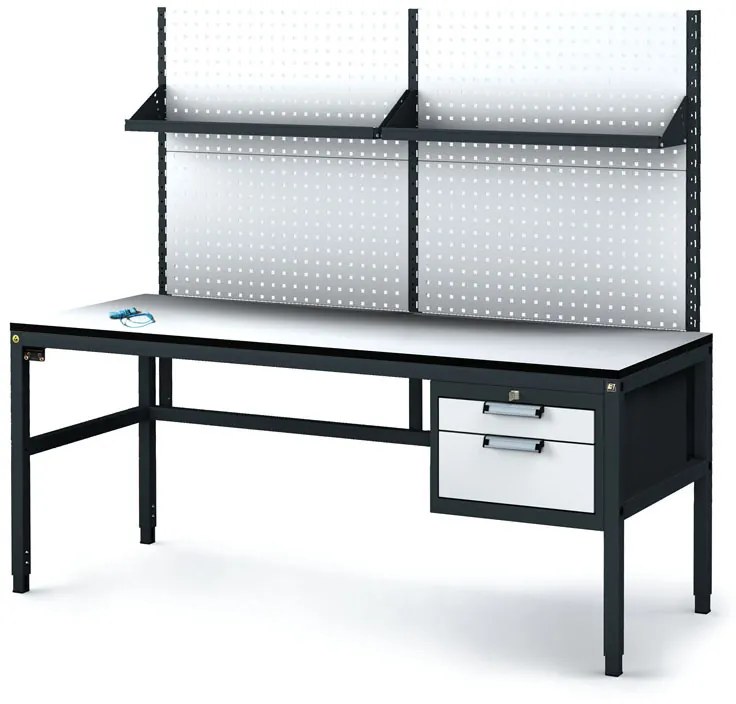 Antistatický dielenský ESD stôl s perfopanelom a policami, 2 zásuvkový box na náradie, 1800x800x745-985 mm