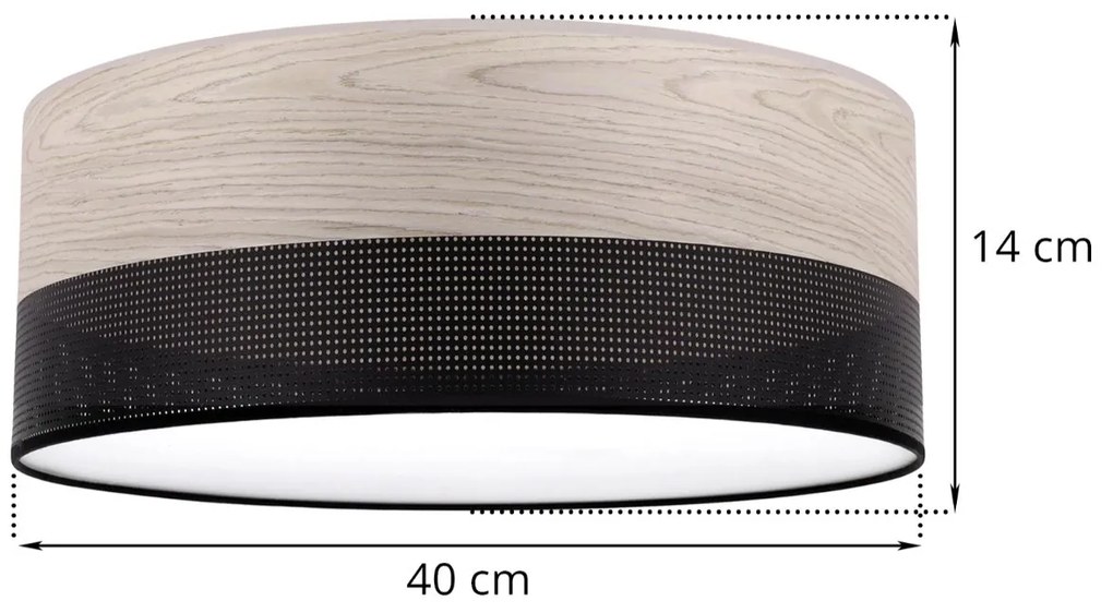 Stropné svietidlo Wood, 1x svetlobéžová dubová dýha/čierne PVC tienidlo, (biele plexisklo), (fi 40cm)