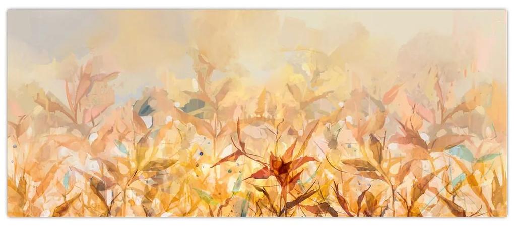 Obraz - Listy vo farbách jesene, olejomaľba (120x50 cm)