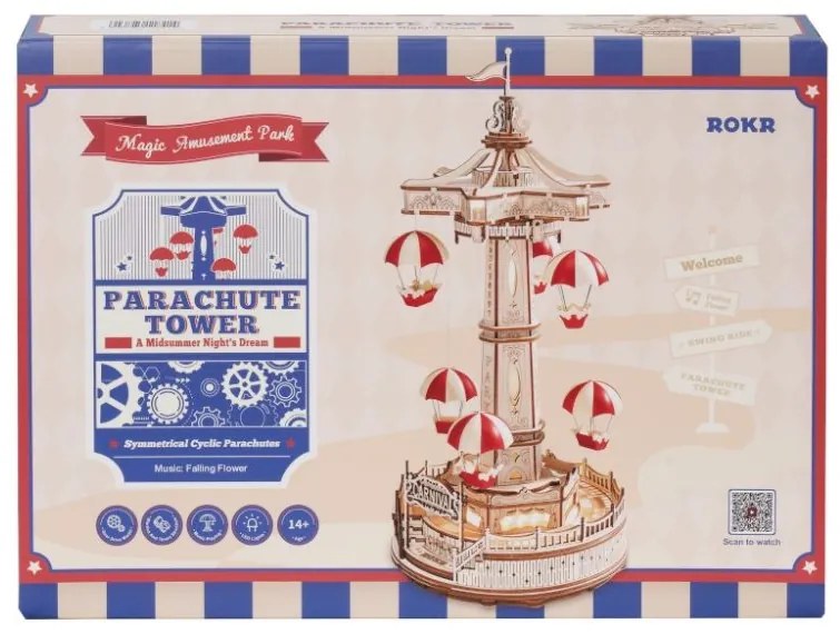 ROBOTIME Roker Svítící 3D drevené puzzle Hracia skrinka: Parašutistická výsadková veža 184 ks
