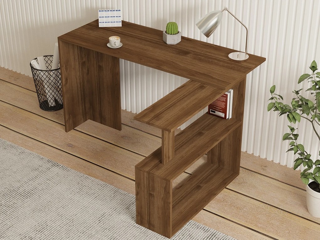 Rohový písací stôl CAYKO s vstavaným regálom orech