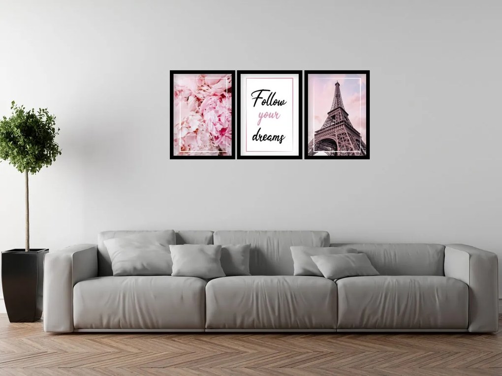Gario Sada plagátov Pink Paris - 3 dielna Farba rámu: Zlatá, Veľkosť: 99 x 45 cm