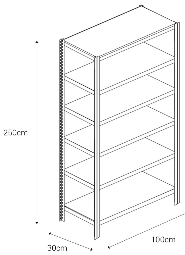 Bezskrutkový kovový regál 250x100x30cm T profil, 6 políc