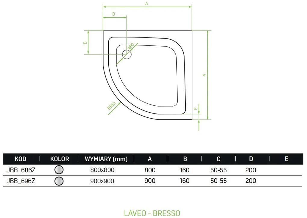 Laveo Bresso, štvrťkruhová akrylátová sprchová vanička 80x80x16 cm, biela, LAV-JBB_686Z