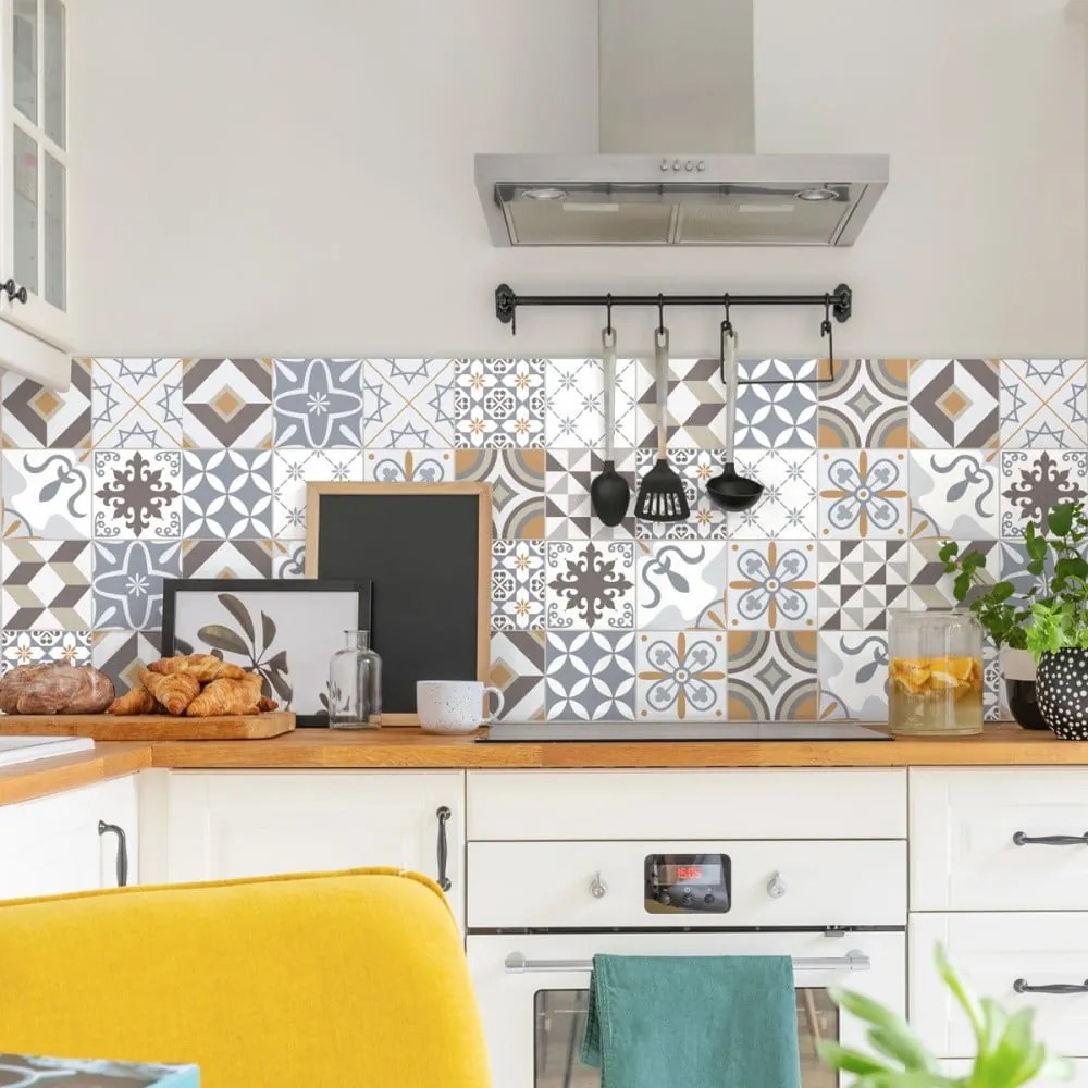 Sada 60 nástenných samolepiek Ambiance Cement Tiles Liliania, 15 x 15 cm