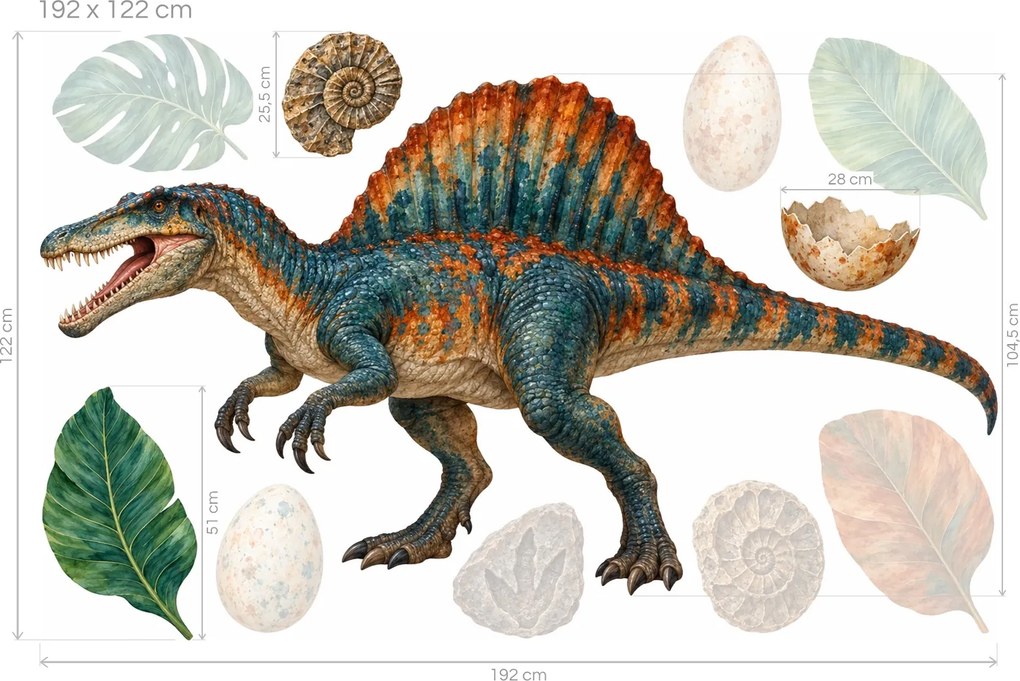 Spinosaurus s vajcami a fosíliami realistické dinosaurie nálepky do chlapčenskej izby na stenu arch 46 x 29 cm