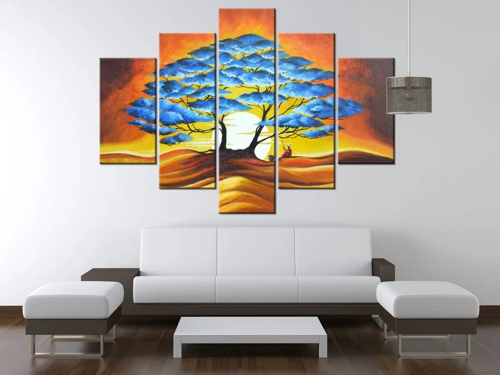 Gario Ručne maľovaný obraz Odpočinok pod modrým stromom - 5 dielny Rozmery: 150 x 70 cm