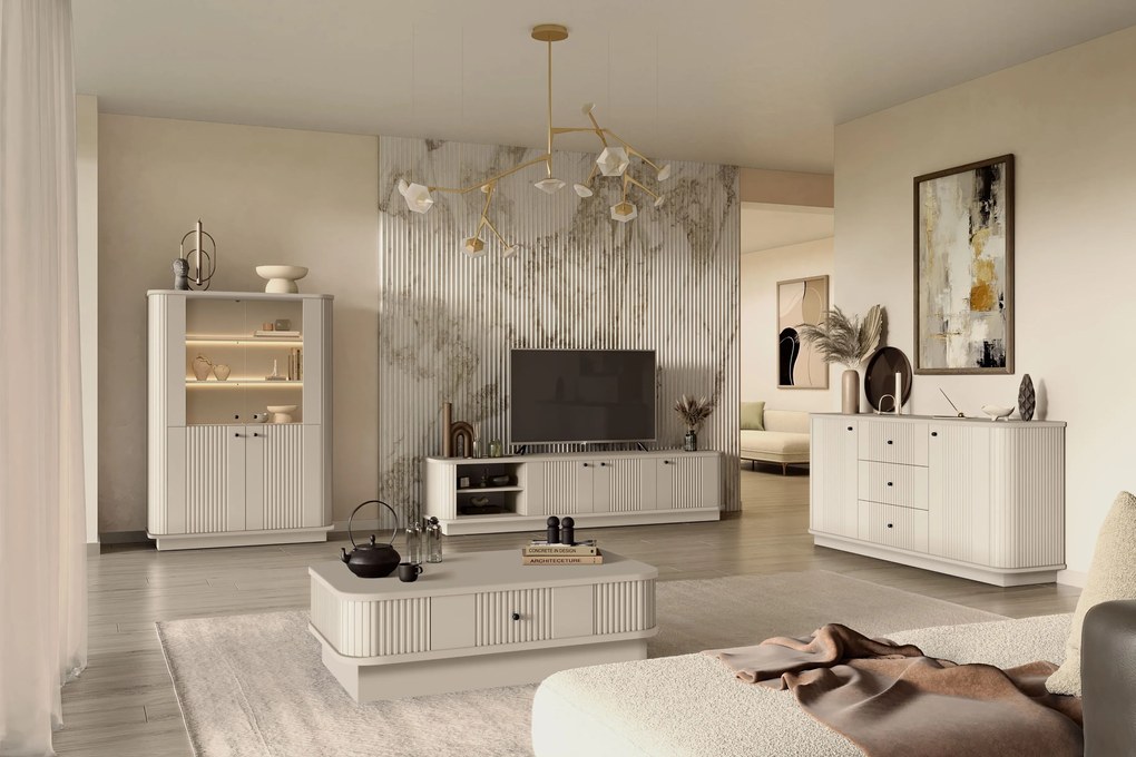 TV skrinka Vesper 3D 187 cm na sokli - kašmír / čierne úchytky