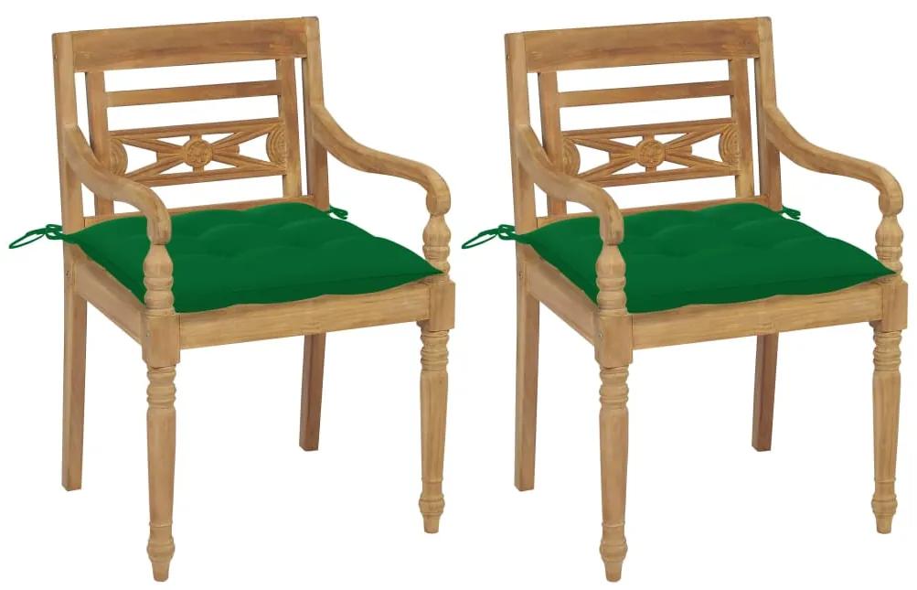 vidaXL Batavia stoličky 2 ks so zelenými vankúšmi masívny teak
