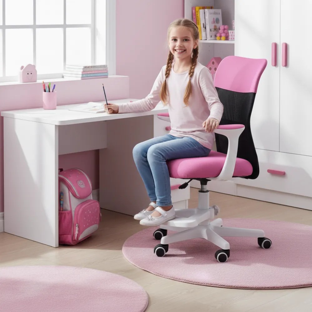 Detská stolička Neoseat MONKEY WHITE s podnožou — látka, biela / tmavo ružová