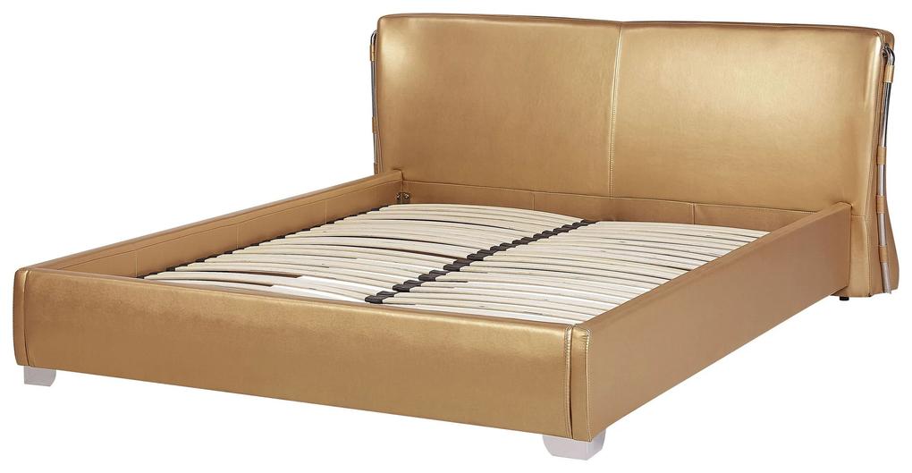 Kožená posteľ s LED osvetlením 180 x 200 cm zlatá PARIS Beliani