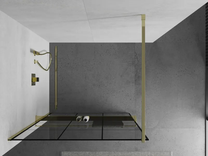 Mexen Kioto+, sprchová zástena s poličkou a držiakom na uteráky 120 x 200 cm, 8mm číre sklo vzor čierny, zlatý profil, 800-120-121-50-77