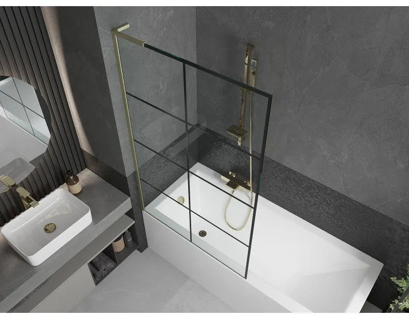 Mexen Next L, 1-krídlová vaňová zástena 100 x 150 cm, 6mm číre sklo-čierny vzor, zlatý matný profil, 895-100-000-03-77-55