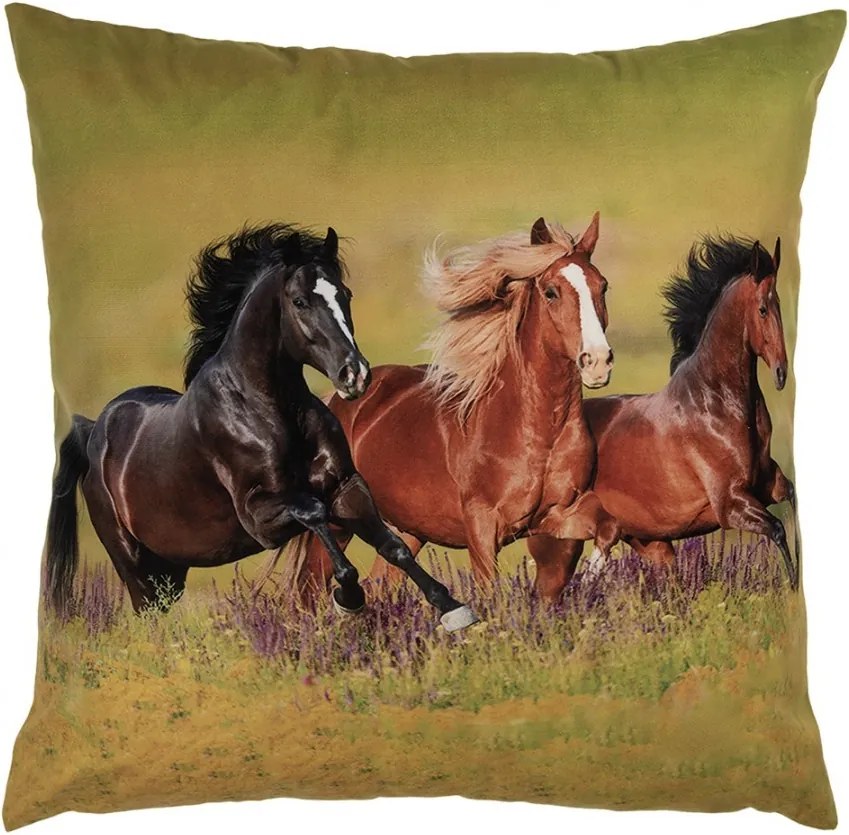 Zelená obliečka na vankúš s bežiacimi koňmi na lúke - 45*45 cm