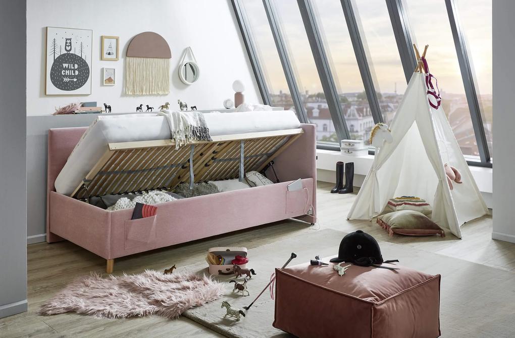 Detská posteľ loop 90 x 200 cm s bočnicou a úložným priestorom ružová MUZZA