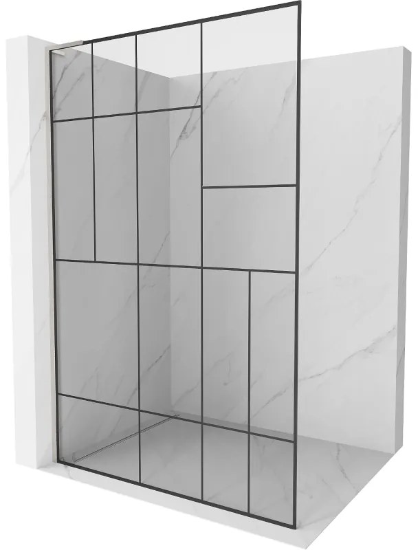 Mexen Kioto L, sprchová zástena Walk-In 100 x 200 cm, 8mm číre sklo čierny vzor, brúsená oceľ profil, 800-100-103-97-78