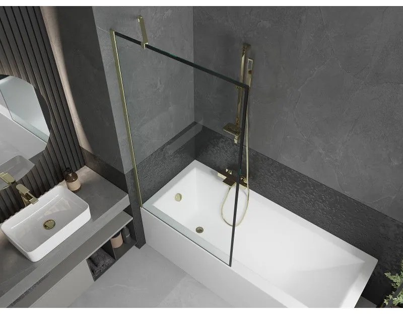 Mexen Next, 1-krídlová vaňová zástena 90 x 150 cm, 6mm číre sklo - čierny vzor, zlatá matná, 895-090-000-00-70-55