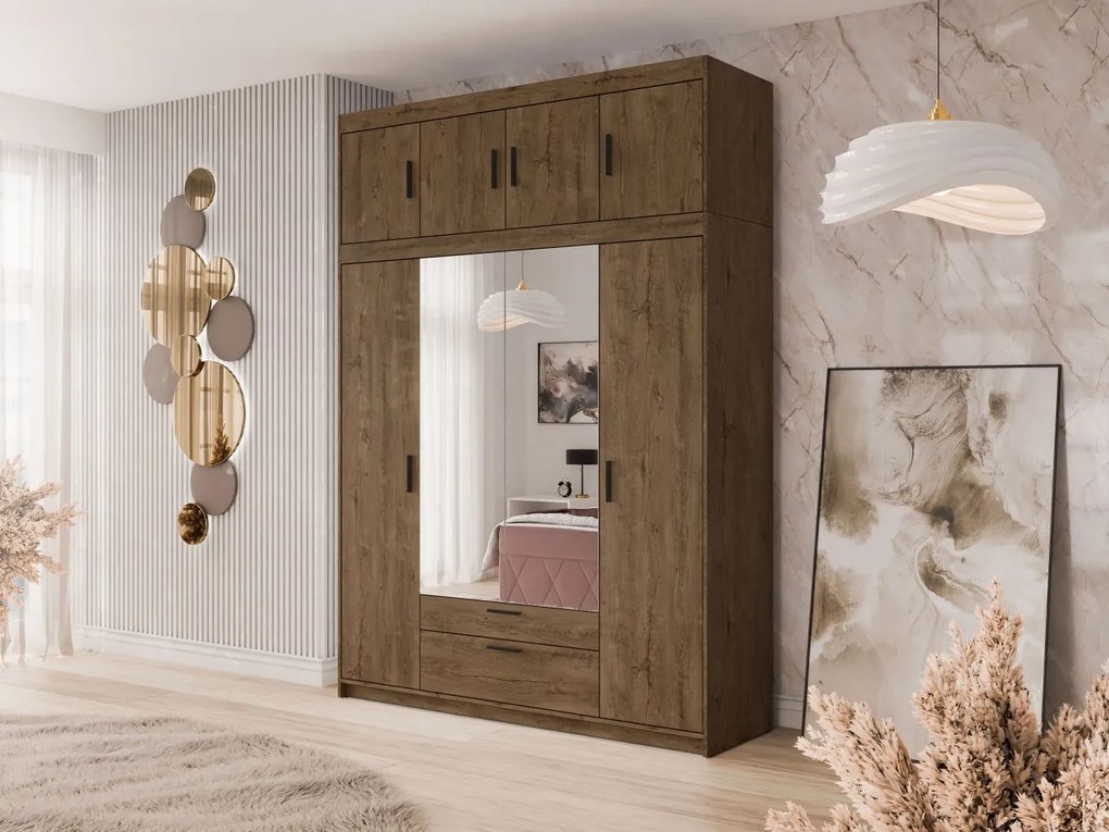 Šatníková skriňa so zrkadlom Melen 4D + nadstavec, Farby: biela