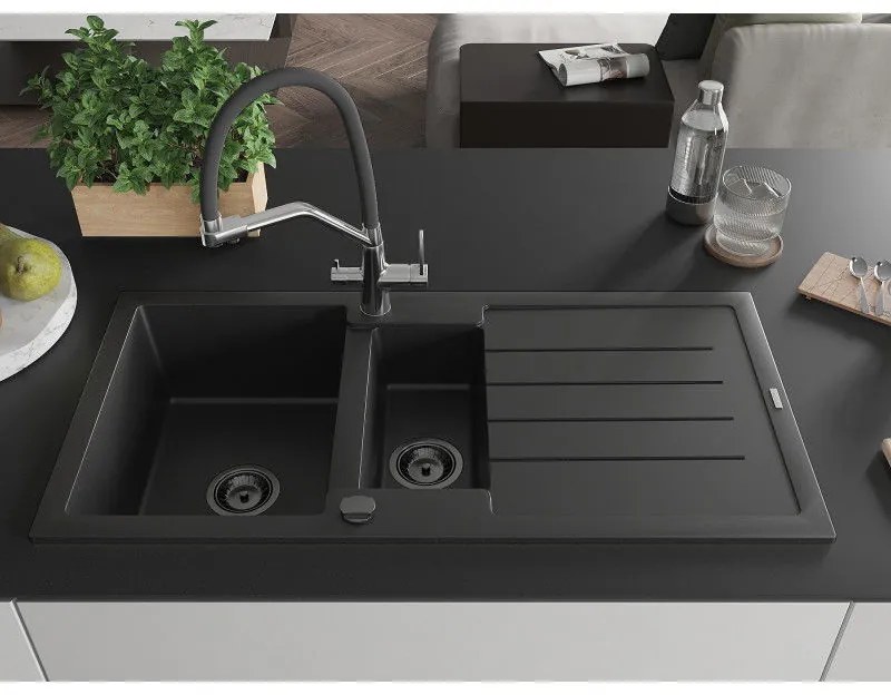Mexen Andres, granitový drez 1000x500x200 mm, 1,5-komorový a drezová batéria Duo, čierna, 6515-77-671701-07-B
