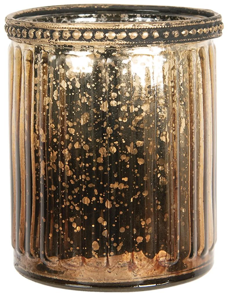 Hnedý sklenený svietnik na čajovú sviečku s kovovým zdobením - Ø 8*9 cm