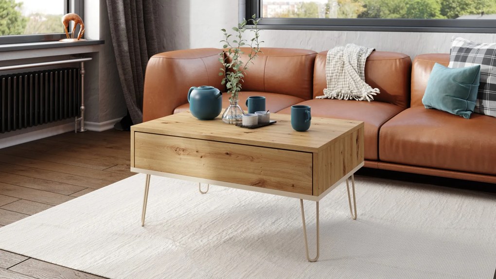 HAIRPIN S-90 Dub Artisan/Béžová (Šampanská) - MODERNÝ KONFERENČNÝ STOLÍK S VÝKLOPNOU DOSKOU + ÚLOŽNÝ PRIESTOR + POLICA