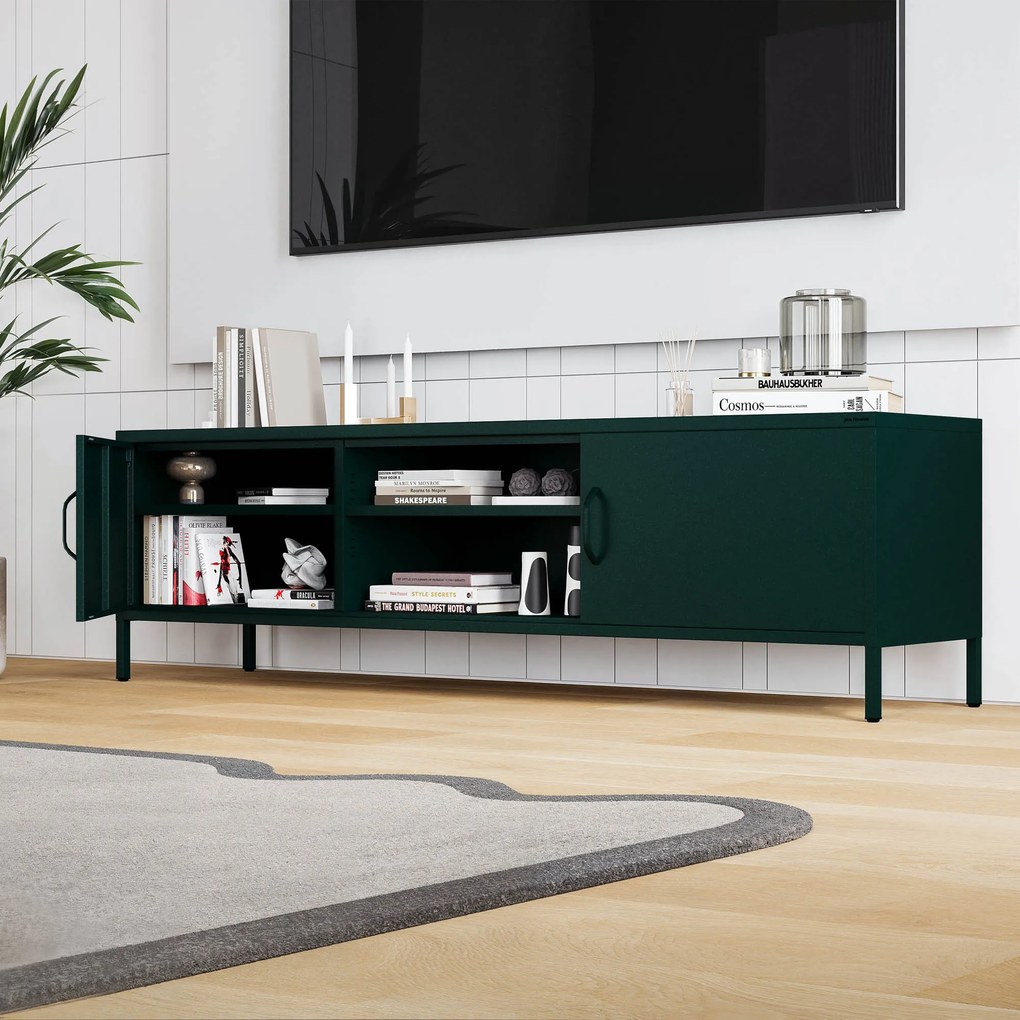 Široká kovová TV skrinka XL na nožičkách, fľaškovozelená, 1700x400x500 mm: ROSARIA