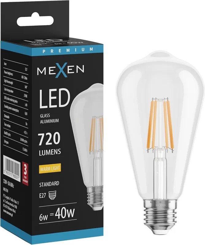 Mexen Vintis, LED filamentová žiarovka E27, ST64, 6 W, teplá biela 2700K, číra, L152-E27-0627-00