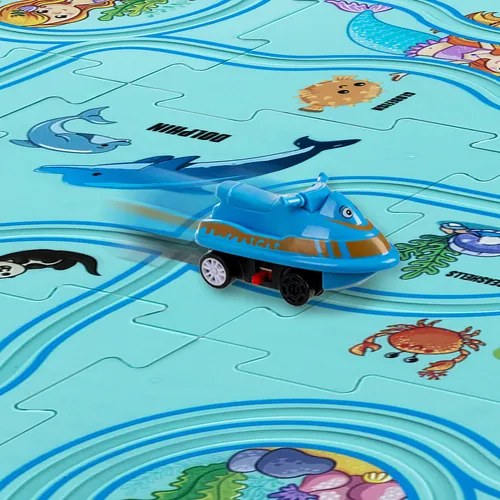 ISO Trade KRUZZEL Puzzle dráha 25 dielikov – vzdelávacia oceánska trasa s autíčkami na batérie 3+