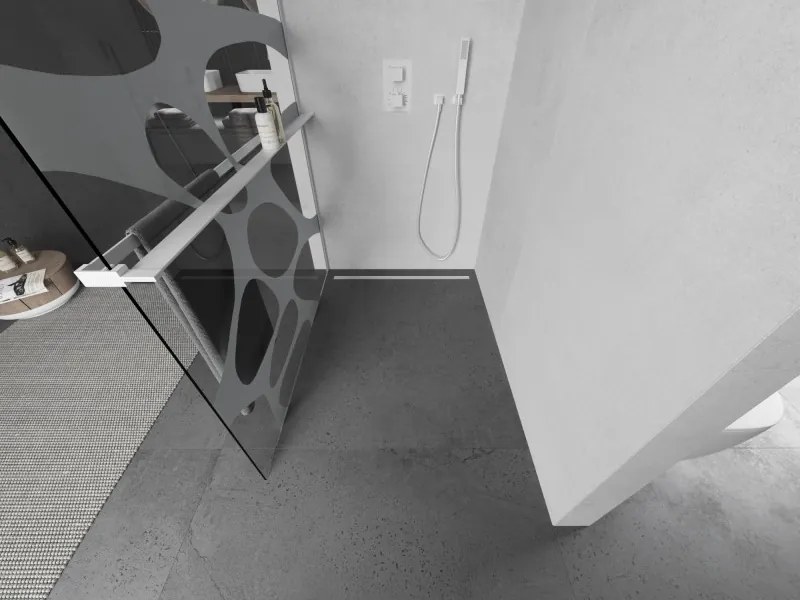 Mexen Kioto+, sprchová zástena Walk-In s poličkou a vešiakom 90 x 200 cm, 8mm číre sklo biely vzor, biely profil, 800-090-121-20-97