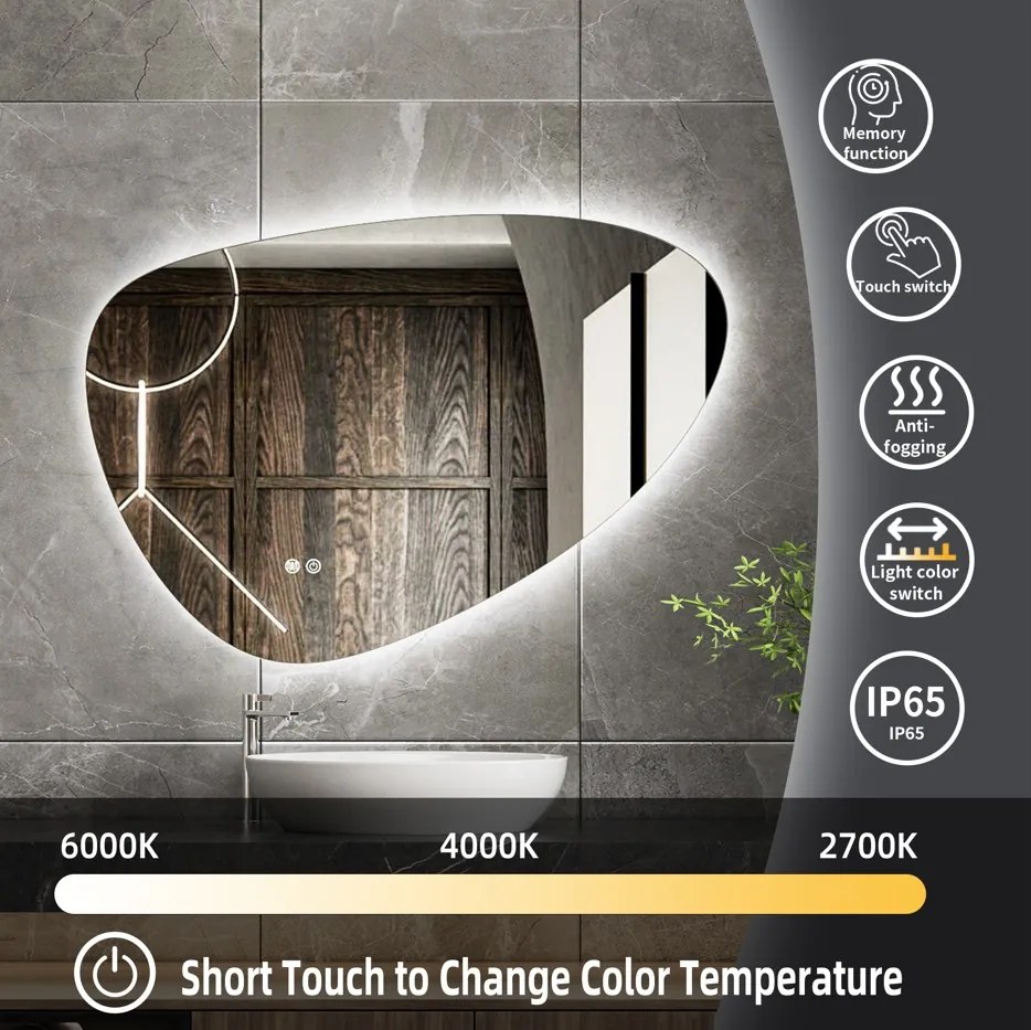 Erga Amelia, asymetrické LED zrkadlo 100x70 cm, 3630 lm, 3 farby svetla, zadné osvetlenie, ERG-V01-407-1070-00