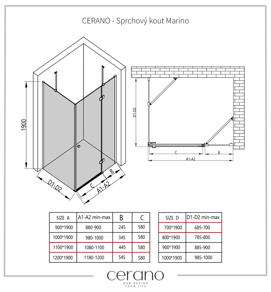 Cerano Marino, sprchovací kút 110(dvere) x 70(stena) x 190 cm, 6mm číre sklo, čierny profil, CER-CER-422883