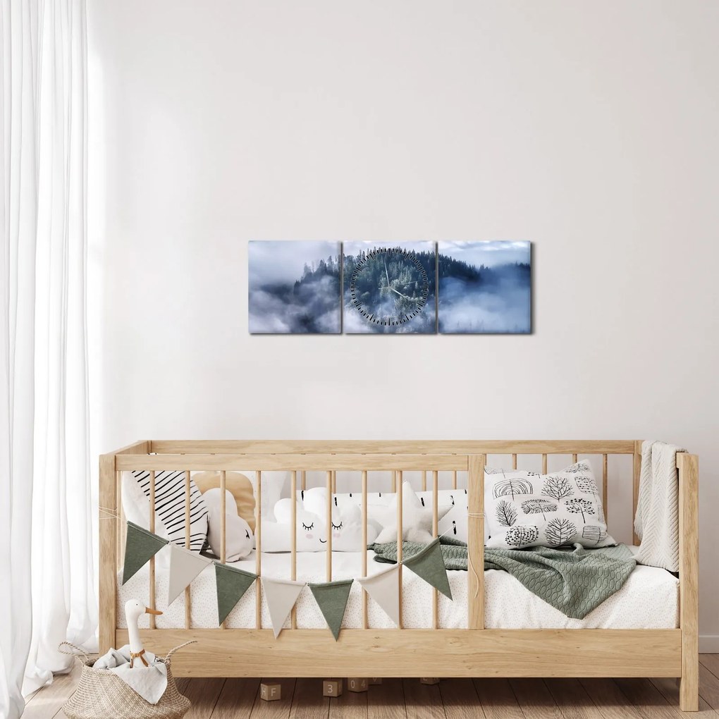 Obraz lesa v hmle (s hodinami) (90x30 cm)