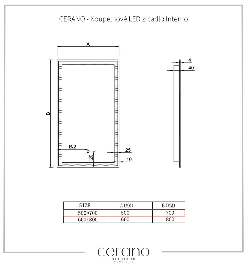 Cerano Interno, kúpeľňové LED zrkadlo 50x70 cm, CER-CER-429358