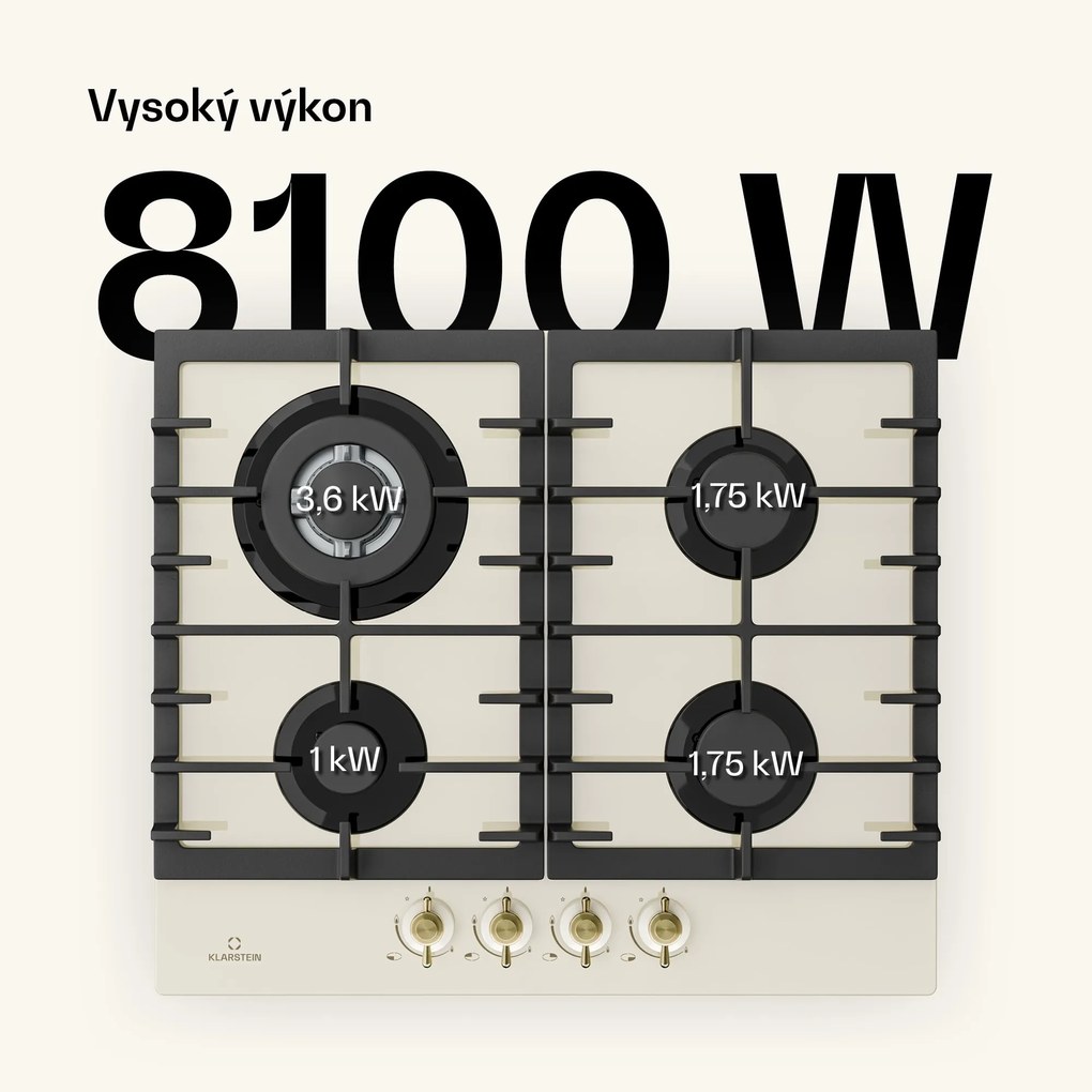 Klarstein Victoria 4, plynová varná doska, 4 horáky, sklokeramika, slonovinová
