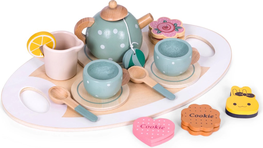 ECOTOYS Dřevěná čajová souprava se sladkostmi ECOTOYS, 27 dílů pro děti 3+