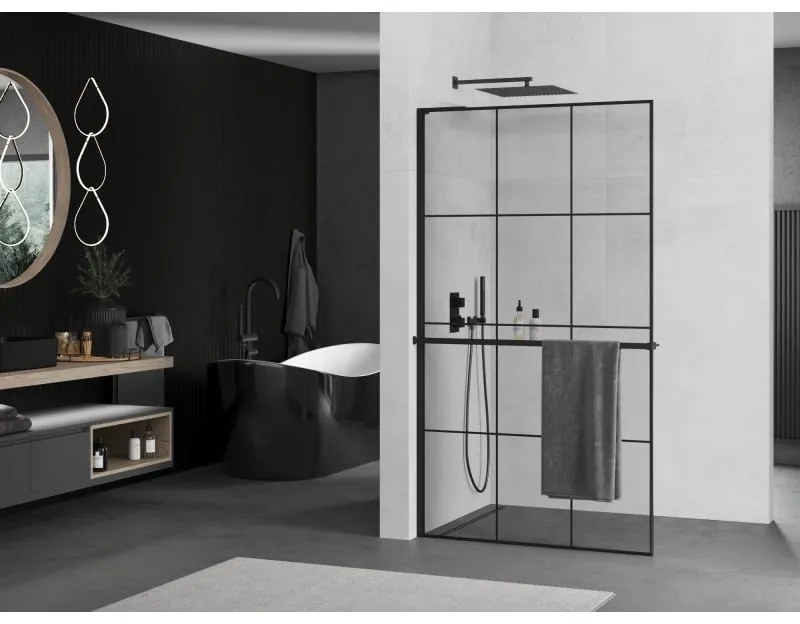 Mexen Kioto+ L, sprchová zástena Walk-In s poličkou a vešiakom 100 x 200 cm, 8mm číre sklo čierny vzor, čierny profil, 800-100-123-70-77