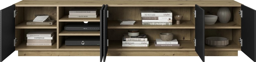 TV skrinka Asha 200 cm päťdverová s ryhovaným čelom - artisan / čierny mat