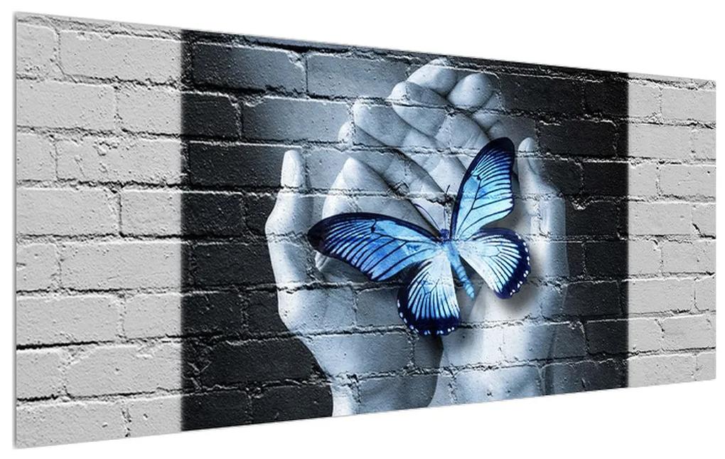 Moderný obraz dlaní s motýľom (120x50 cm)