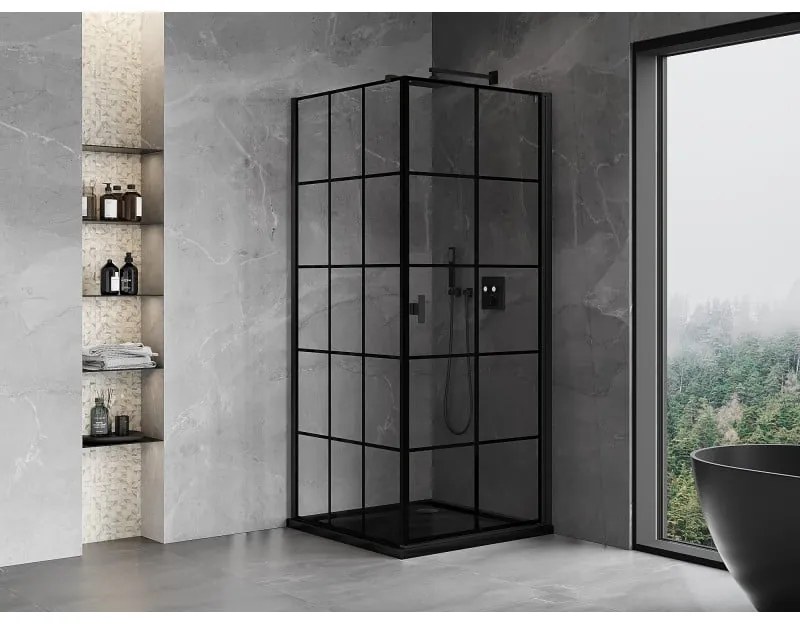 Mexen Mist-B, 1-krídlový výklopný sprchový kút, pravý, 100 x 100 cm, číre sklo-čierna mriežka, 8A2T-100-100-70-77-P