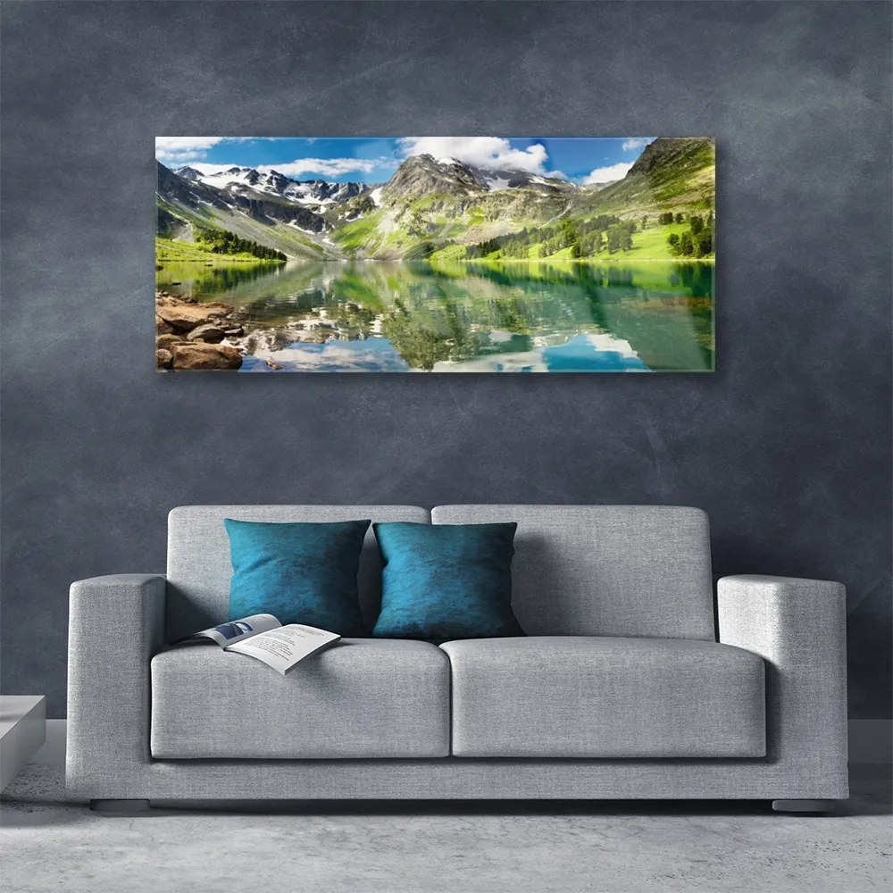 Obraz na akrylátovom skle Hora jazero príroda 125x50 cm