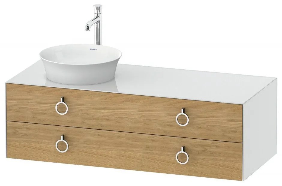 DURAVIT White Tulip závesná skrinka pod umývadlo na dosku vľavo, 2 zásuvky, 1300 x 550 x 408 mm, dub prírodný masív/biela vysoký lesk, WT4992LH585