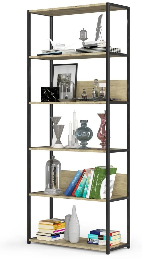 Knižnica Rita s kovovým rámom 80 cm - čierna/dub artisan - 6 políc