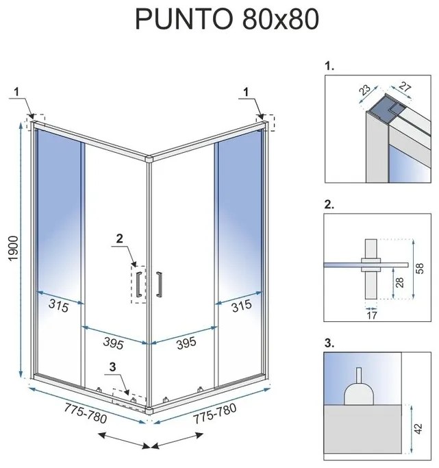 Rea Punto, sprchovací kút 80x80x190 cm, 5mm číre sklo, chrómový profil + biela sprchová vanička Savoy, KPL-K0863