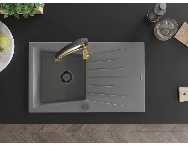 Mexen Cesar, 1-komorový granitový drez 775x470x190 mm a drezová batéria Aster, šedá, 6514-71-73450-57-B
