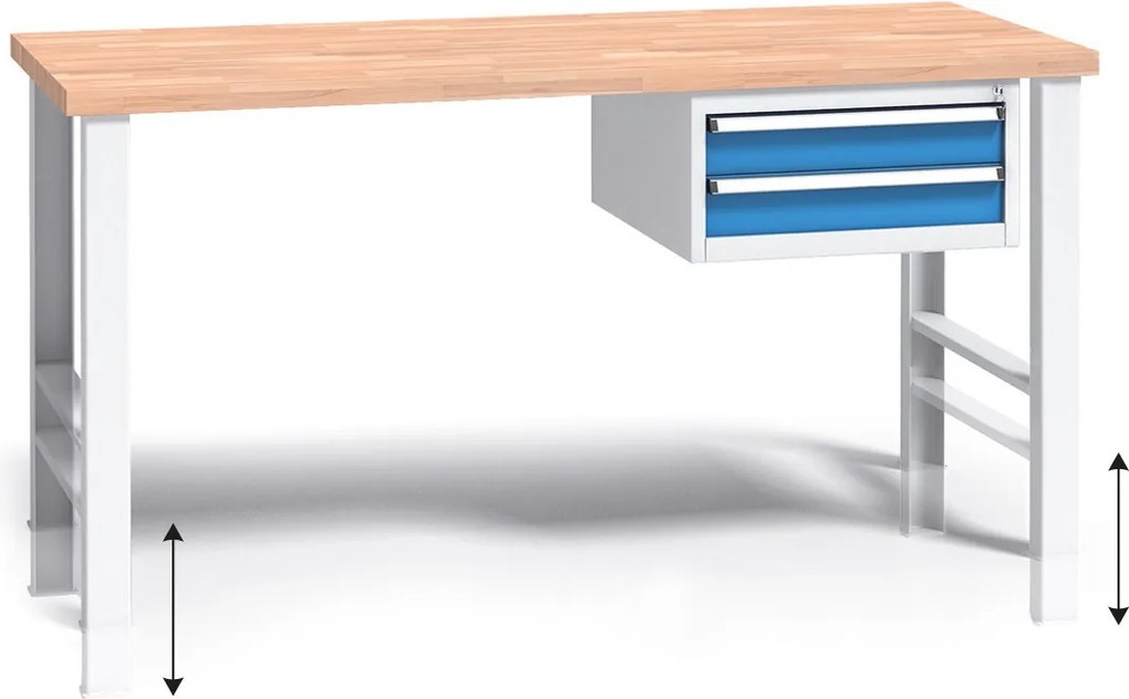 Výškovo nastaviteľný pracovný stôl do dielne G3 so závesným boxom na náradie, buková škárovka, 2 zásuvky, 1500 x 685 x 840 - 1050 mm, modrá