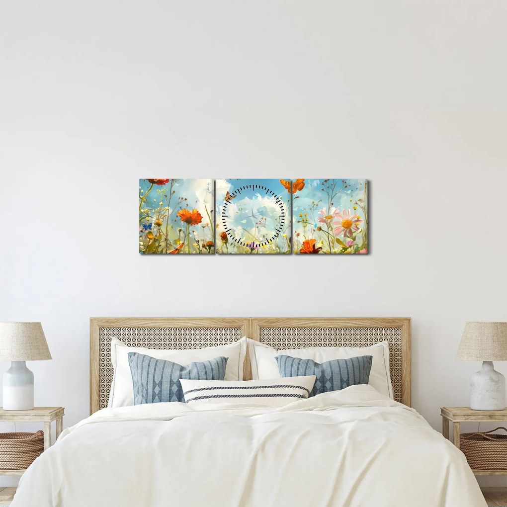 Obraz - Motýle na letnej lúke (s hodinami) (90x30 cm)