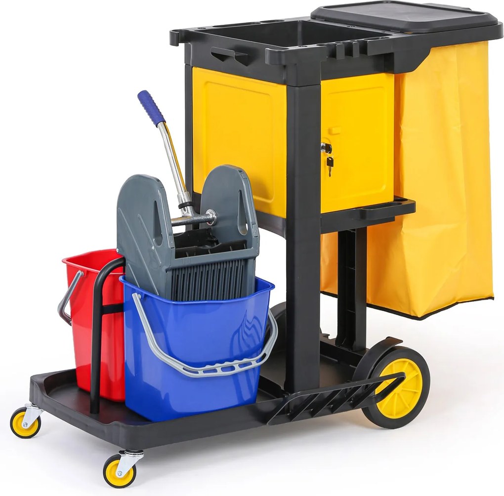 Profesionálny upratovací vozík so 2 vedrami, držiakmi mopov, skrinkou a vrecom s vekom, 1120 × 710 × 990 mm