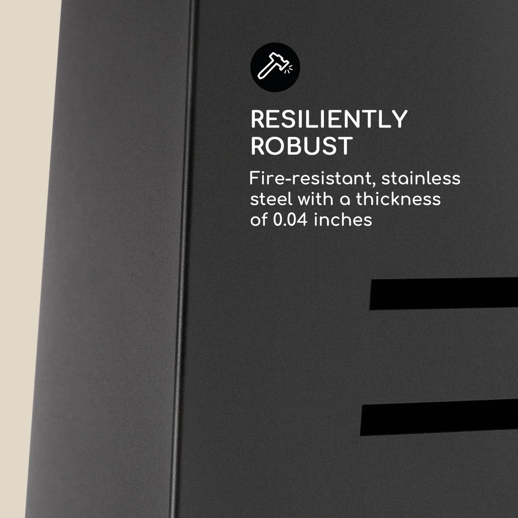 Blumfeldt Monument, záhradný krb, nehrdzavejúca oceľ, priestor na uskladnenie dreva, čierny